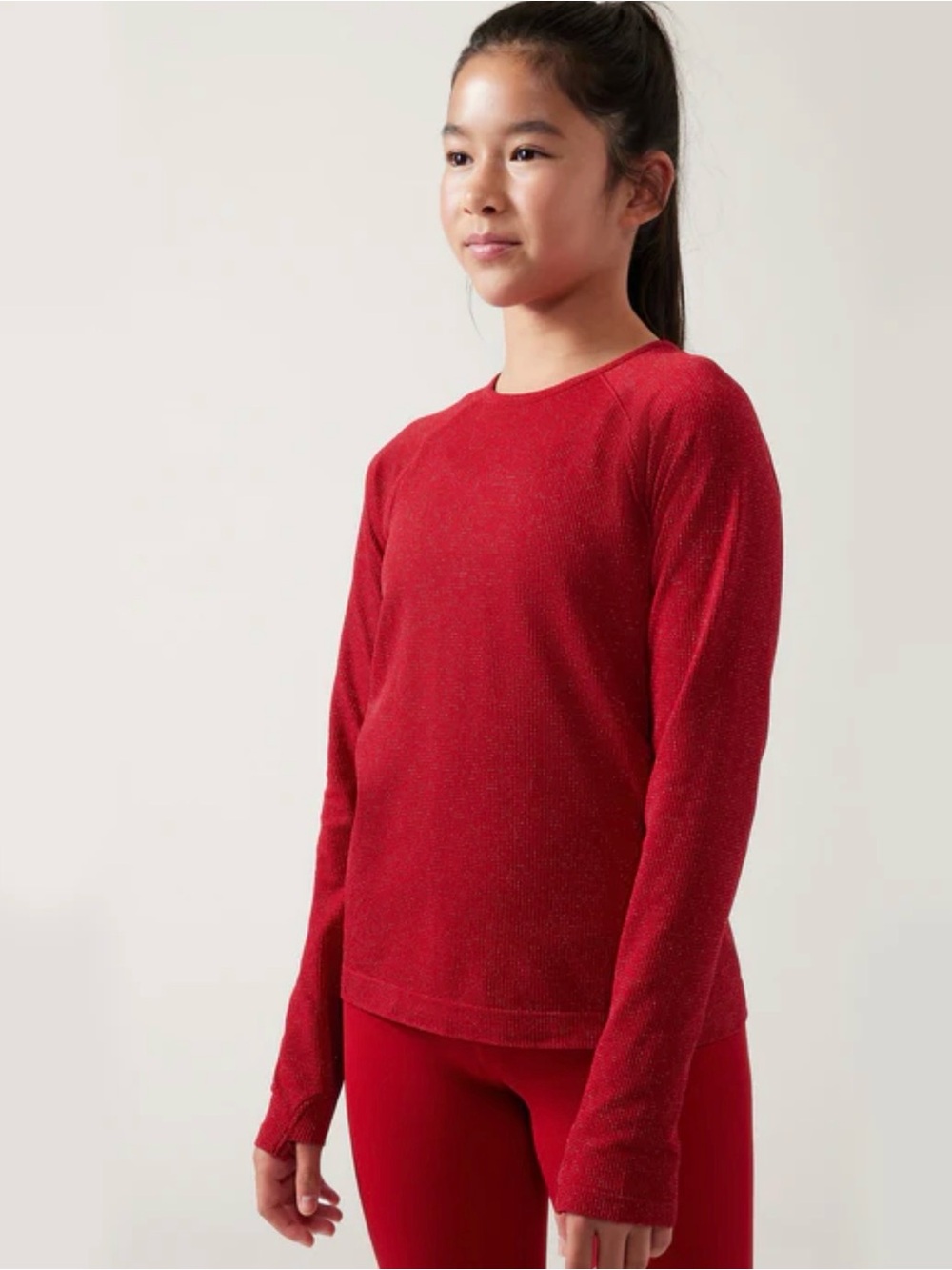 New Athleta Girl Sz M 8-10 Power Up Red Shimmer Top Thumb Holes Stretch Lghtwt